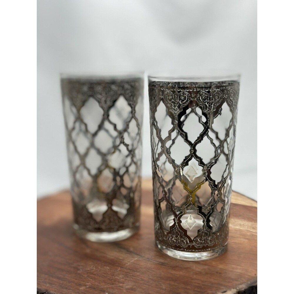 Culver Silver Valencia Hollywood Highball Tumbler Glasses Set of 2 MCM